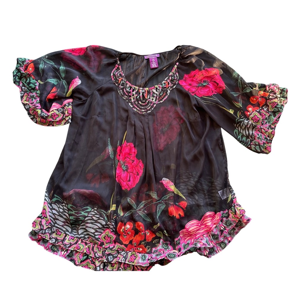 Taillissime La‎ Redoute Floral Bird Tunic Top Beaded Neck Ruffle Hem Black 20W